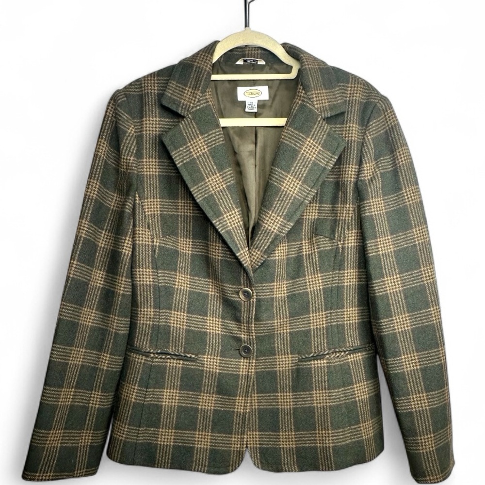 Talbots Women's Vintage Italian Wool Blend Plaid Olive Green Blazer Size 12